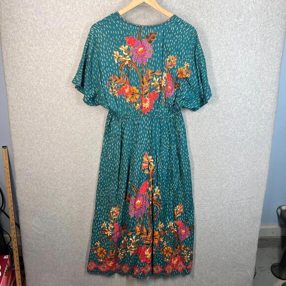 Anthropologie Blank London Dress Womens OS Teal Tatiana Floral Midi Kimono Boho - Picture 4 of 7